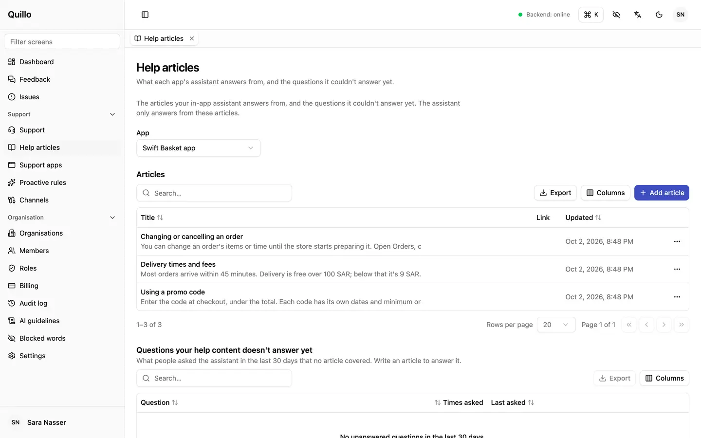 Help articles your app's users read before they write to you.