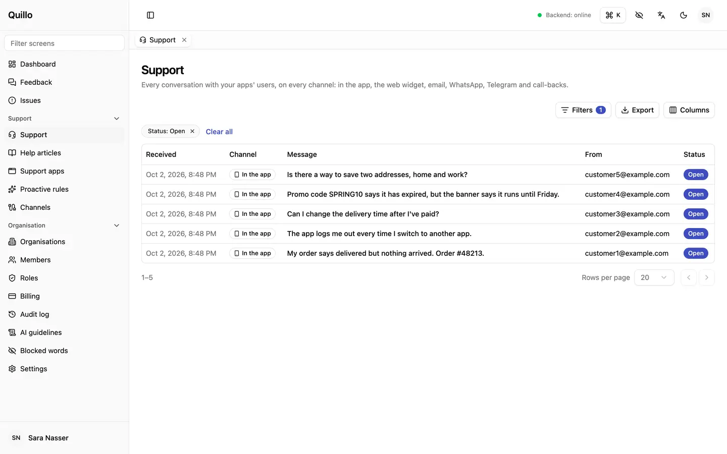 Every conversation from your app in one inbox, newest first.